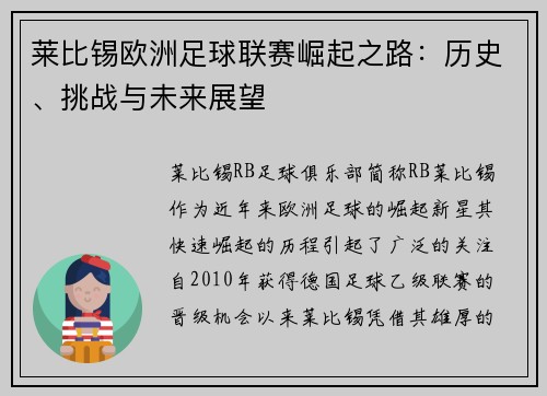 莱比锡欧洲足球联赛崛起之路：历史、挑战与未来展望