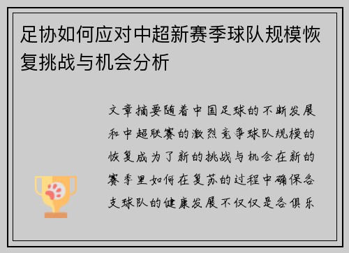 足协如何应对中超新赛季球队规模恢复挑战与机会分析